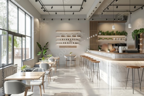 A spacious, minimalist cafeteria interior with natural light streaming through large windows