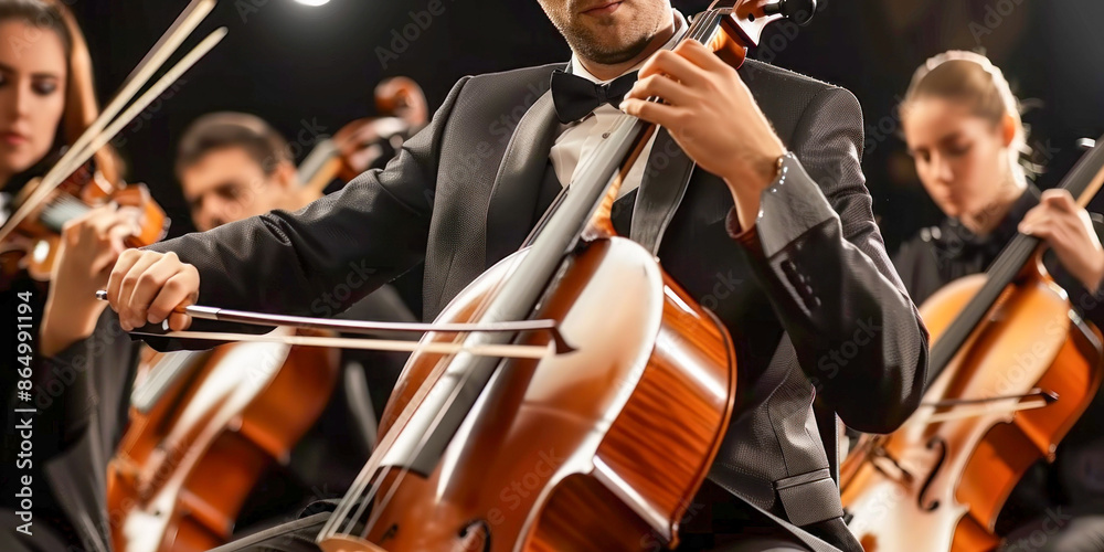 Fototapeta premium Classical Musicians Performing with Cellos on Stage. Generative ai