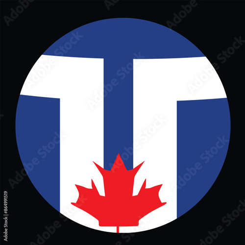 Circle badge Toronto flag button vector illustration isolated, Canada town symbol banner. Toronto city flag roundel emblem isolated.