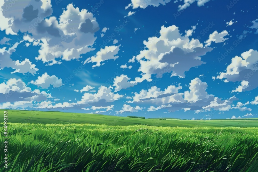 Grass Field landscape with blue sky and white cloud. Blue sky clouds sunny day wallpaper. Cartoon illustration of a Grass Field with blue sky in Summer. green field in a day. Grass Field landscape with blue sky and white cloud. Blue sky clouds sunny day wallpaper. Cartoon illustration of a Grass Field with blue sky in Summer. green field in a day.
