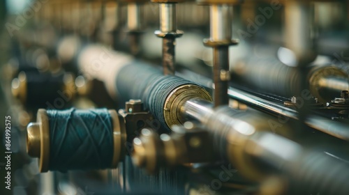 Winding blue thread on vintage machinery photo