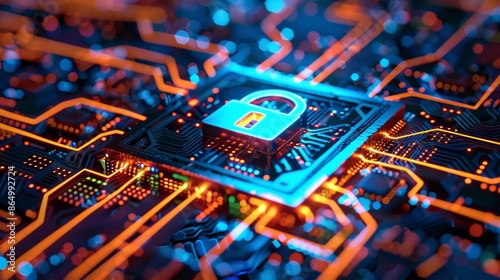 A glowing padlock icon sits on a circuit board, symbolizing digital security. photo