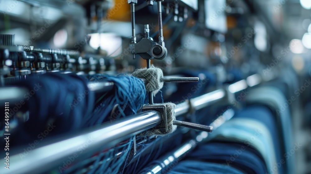 Fototapeta premium Blue yarn and fabric on a textile machine in a factory