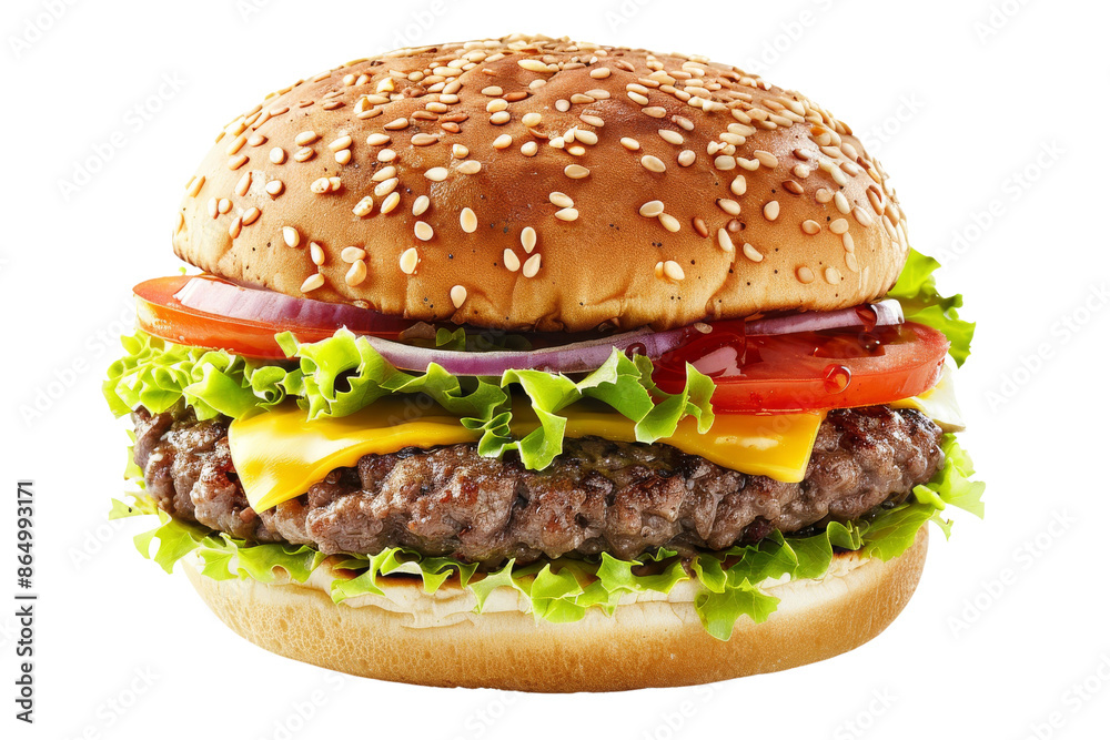 A juicy cheeseburger with sesame seed bun and fresh lettuce, tomato, and onion sits isolated on a white background A juicy cheeseburger with sesame seed bun and fresh lettuce, tomato, and onion sits isolated on a white background