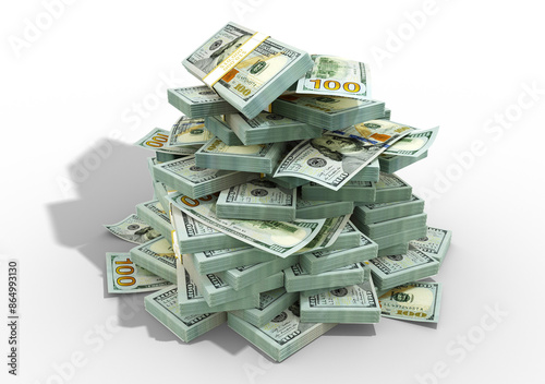 Stacks of US dollar notes. bundles of United States currency bills isolated on transparent background