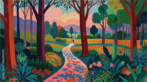 landscape with trees and flowers. flowers landscape. trees landscape. small town landscape painting. vibrant abstract landscape painting. landscape illustration. vilage landscape