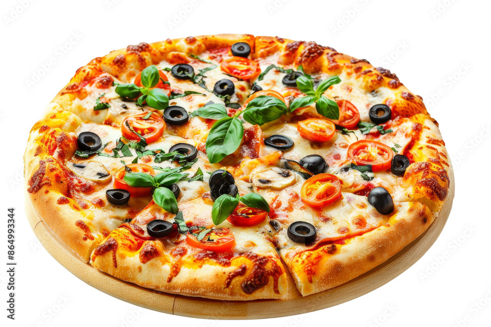 Delicious Pizza with Mozzarella, Tomatoes, Olives and Basil Delicious Pizza with Mozzarella, Tomatoes, Olives and Basil