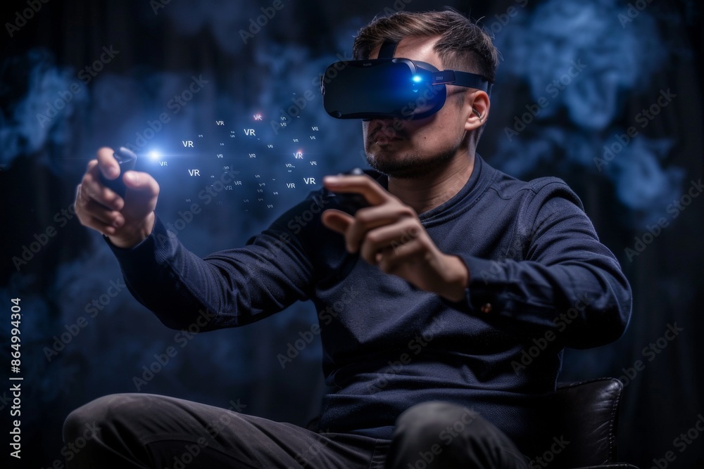 Man using VR headset in a dimly lit room, showcasing the immersive and interactive capabilities of virtual reality technology for gaming experiences. Man using VR headset in a dimly lit room, showcasing the immersive and interactive capabilities of virtual reality technology for gaming experiences.