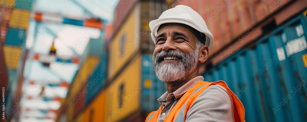 Fototapeta premium Indian worker standing in front of stacked shipping containers. Container terminal - freight shipping background. International trade banner. Import export concept.