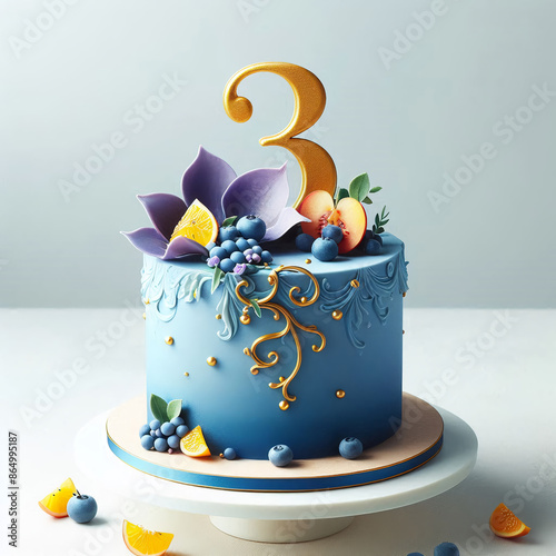 Blue delicate cake decorated thematically with flowers and petals, neutral background. photo