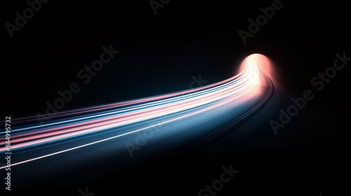 Vibrant light streaks against black background. Blue, white, and red trails converge into bright focal point. Dynamic motion effect suggests high-speed travel or data transfer. 