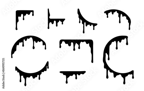 Liquid or paint drips. Set of vector ink round, square, corner frame silhouettes.