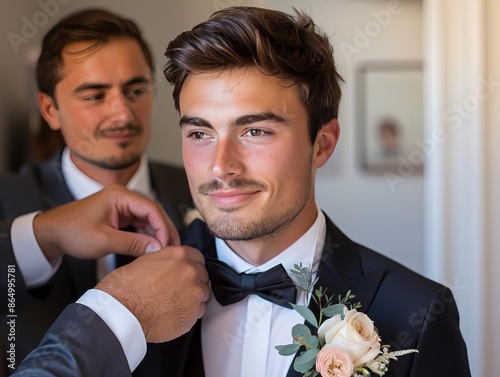 Best man adjusting grooms boutonniere, groom getting ready, wedding accessories photo