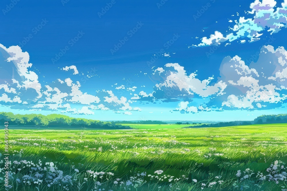 Beautiful green field with white flowers under a bright blue sky with fluffy clouds. Lush meadow landscape. Perfect for nature, spring, and summer backgrounds. Beautiful green field with white flowers under a bright blue sky with fluffy clouds. Lush meadow landscape. Perfect for nature, spring, and summer backgrounds.