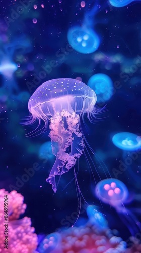 Translucent jellyfish glides in dark blue tank with long tentacles