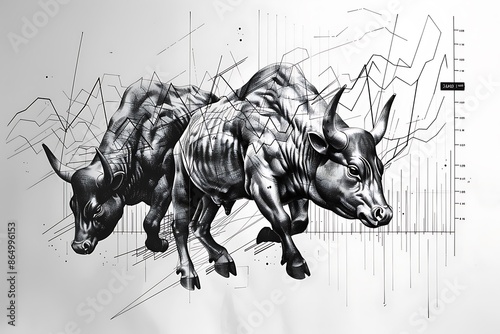 Realistic tattoo design featuring a rising stock graph with bull and bear symbols. photo