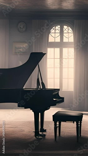 Haunted castle with piano and moving rocking chair. Creepy and abandoned interior with VHS retro film effect. Horror and mystery loop animation video