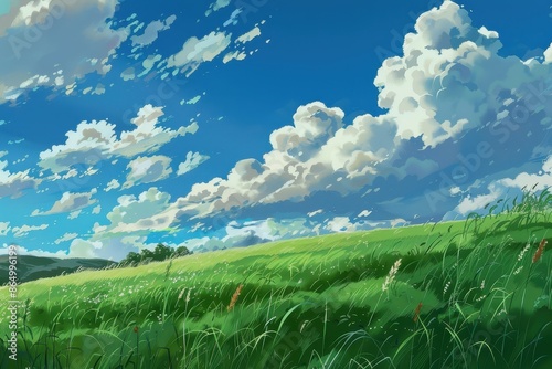 Peaceful landscape of green grass field and blue sky with fluffy white clouds. Illustration of nature and serenity.