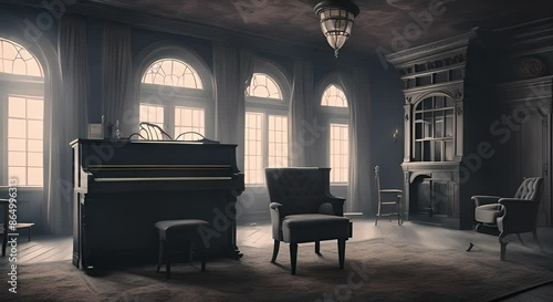 Haunted castle with piano and moving rocking chair. Creepy and abandoned interior with VHS retro film effect. Horror and mystery loop animation video