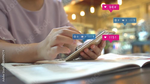 Finger touching phone with global network . social media concept