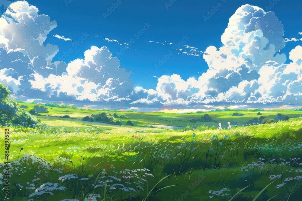 Fototapeta premium Beautiful green meadow with white clouds and blue sky. Cartoon animation style landscape of a field with flowers. Concept of nature, peace, and serenity.