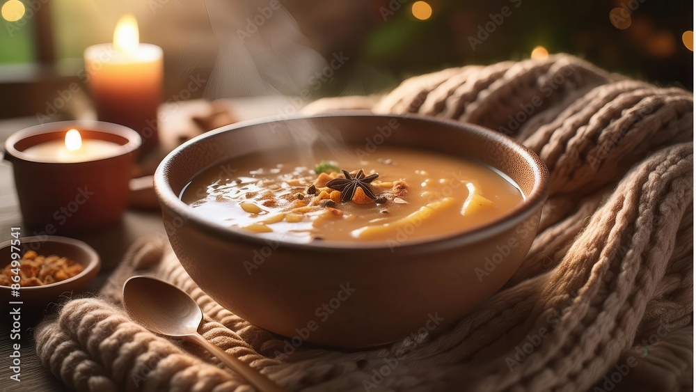 Take a cozy photo of a bowl of hot soup on a chilly day Take a cozy photo of a bowl of hot soup on a chilly day