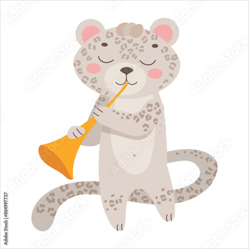 A snow leopard plays the pipe. Circus. Circus actor. Fluffy animal. Trick. Decoration for a holiday or fair. Vector illustration isolated on white background.