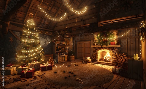 A cozy cabin decorated for Christmas with a lit fireplace, a Christmas tree, and presents under it.