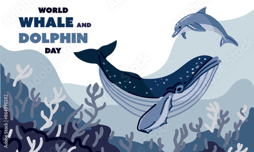 World Whale and Dolphin Day, July 23rd poster. Whale and dolphin illustration. Marine animals swim in the ocean, the concept of environmental protection. Ocean Day. Underwater world layers of coral