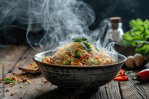 Stir fry noodles with vegetables and beef in black bowl. Chow mein dish. Hot ramen noodle with steam smoke, green onion in black bowl on wooden table background. Spicy Asian meal. Junk food concept. photo