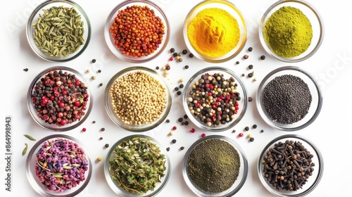 Various spices and herbs in bowls