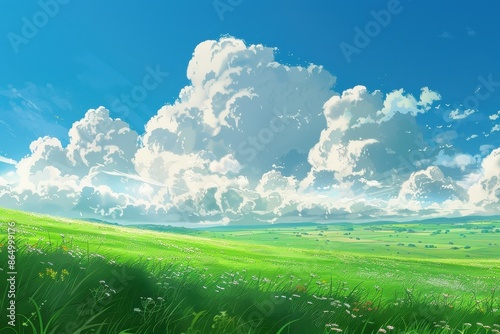 Vibrant green grassy field under a big fluffy white cloud against a blue sky. Concept of nature, serenity, and peace.