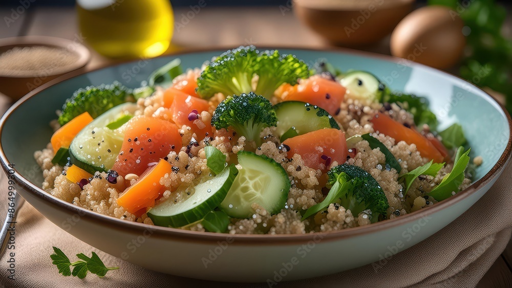 Create a photo of a well-balanced meal, such as a quinoa salad with a variety of vegetables and lean proteins Create a photo of a well-balanced meal, such as a quinoa salad with a variety of vegetables and lean proteins