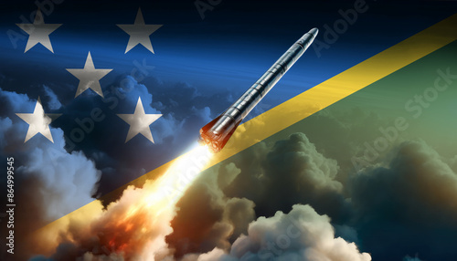 A rocket soars towards the heavens, embodying the spirit of Solomon Islands innovation and the pursuit of space exploration