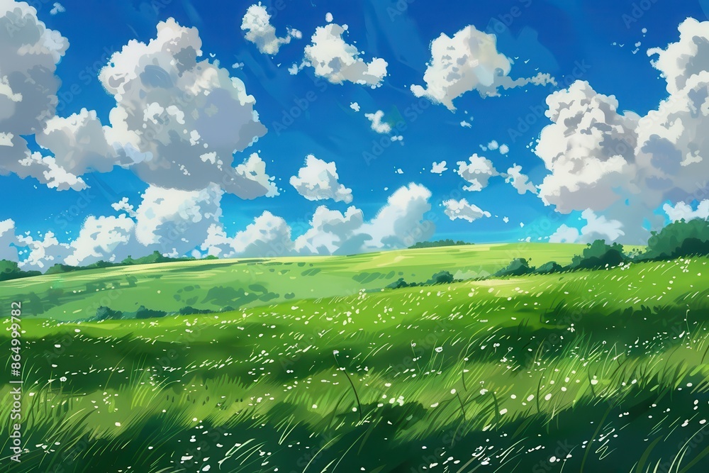 Fototapeta premium Vibrant Green Meadow with White Flowers under a Blue Sky with Puffy White Clouds