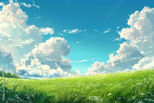 Beautiful green grassy field with fluffy white clouds in a blue sky, a perfect summer day.