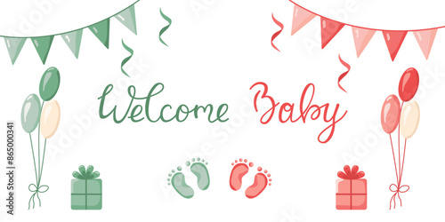 Vector invitation card template for baby gender reveal party. Welcome baby greeting card. Color illustration with balls, flags and gifts on a white background.