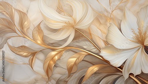 Abstract golden leaves on a marble background. Beautiful luxury wallpaper
