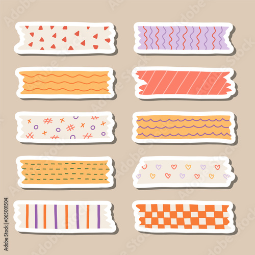 Cute sticker set of washi tape stripes with squiggle, geometry and abstract pattern for planners, notebooks. Ready for print list of stickers with cartoon adhesive scotch tape with ragged edges.