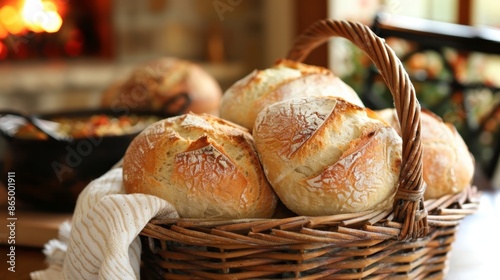 A basket of freshly baked bread still warm from the oven ready to be enjoyed with a hearty stew simmering on the stovetop.