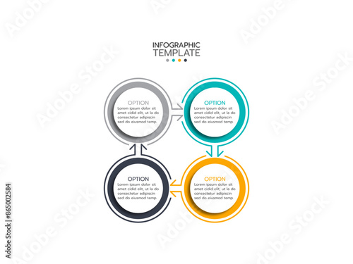 Modern infographic with 4 colorful parts and arrows or pointers. Four features of startup project. Minimal infographic design template. Modern vector illustration for website menu interface.