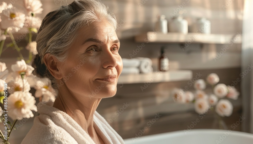 Radiant Well Maintained 60-Year-Old White Woman, Exuding Elegance and Vitality, Modern Bathroom with Wood Elements and Flowers, Background with Copy Space