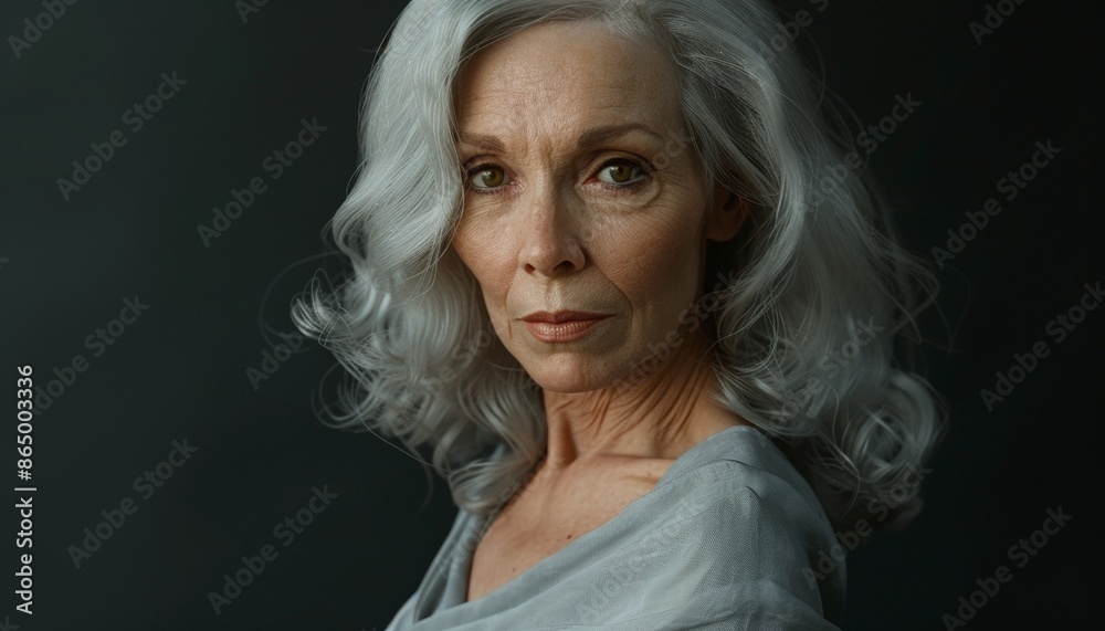 Beautiful 60-Year-Old Woman with Graceful Demeanor, Shoulder-Length Softly Curled Silver Hair Framing Face Beautiful 60-Year-Old Woman with Graceful Demeanor, Shoulder-Length Softly Curled Silver Hair Framing Face