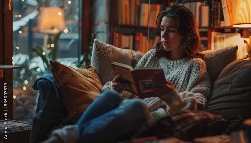 Woman Reading a Book While Sitting on a Couch in a Cozy Room Woman Reading a Book While Sitting on a Couch in a Cozy Room