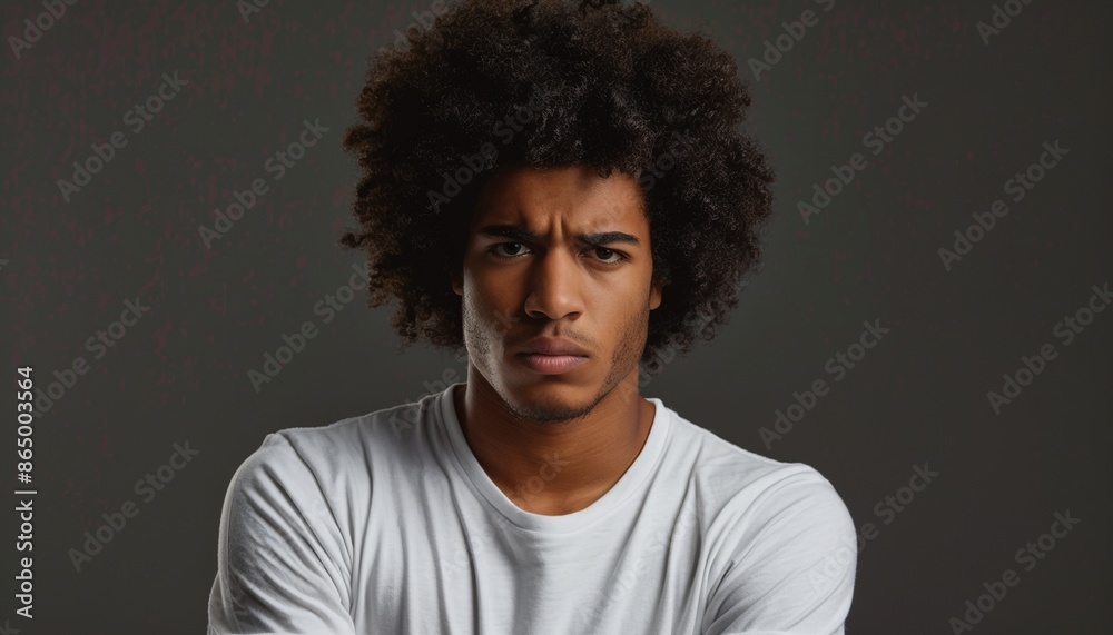 Portrait of a Serious-Looking Young Man with Stylish Afro Hair in White Tee