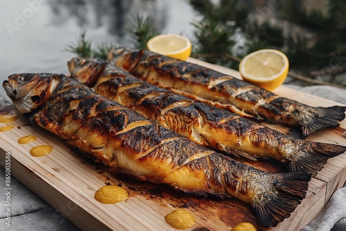 A close-up shot of three grilled fish placed on a wooden board, adorned with lemon slices, herbs, and sauce dollops, highlighting an appetizing meal by the water. photo