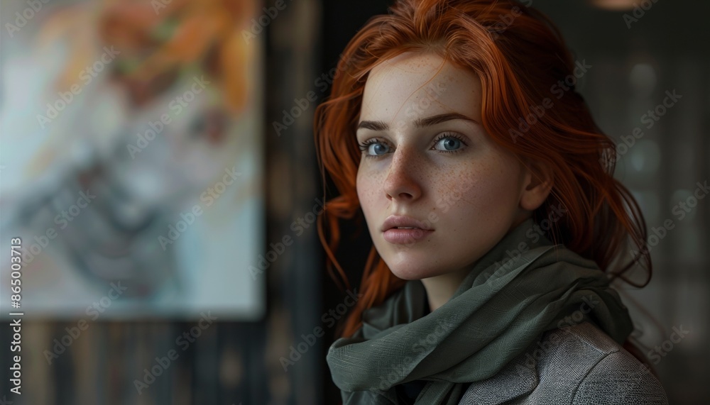 Woman with Red Hair, Scarf, Blazer, Posing Indoors, Poise and Elegance Woman with Red Hair, Scarf, Blazer, Posing Indoors, Poise and Elegance