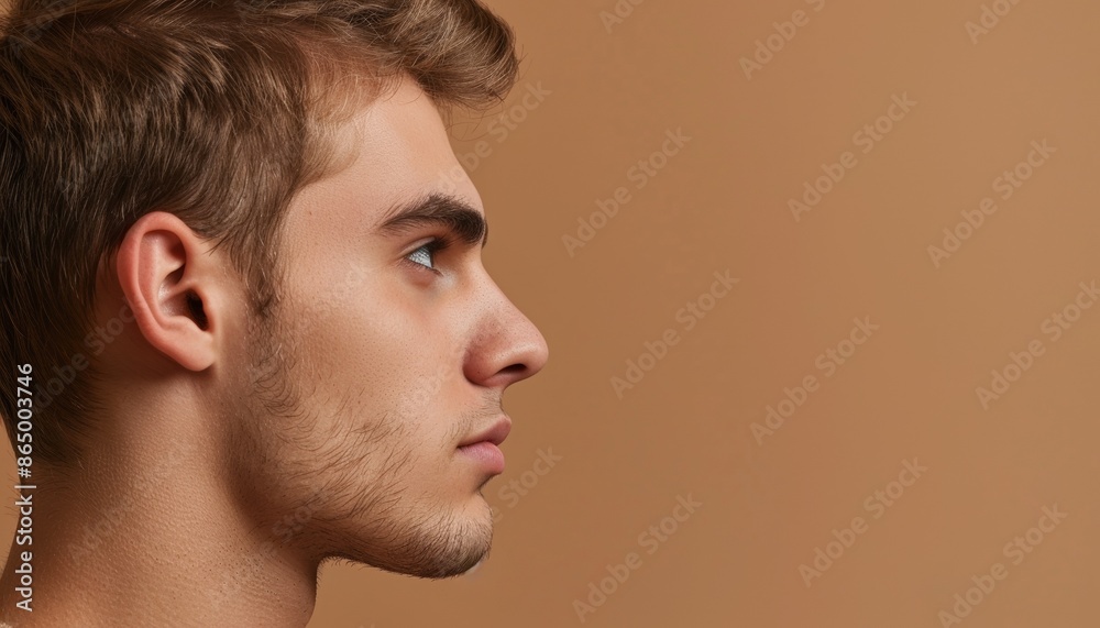 Fototapeta premium Side Profile of Young Man on Warm Beige Background, Copy Space, Banner
