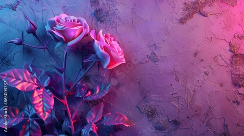 Neon rose glows mysteriously, illuminating the darkness with vibrant elegance photo
