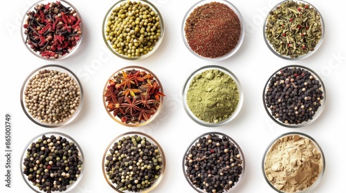 Various spices in glass bowls